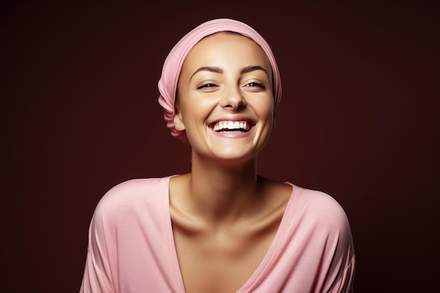 Portrait of a happy woman cancer patient against a pink background