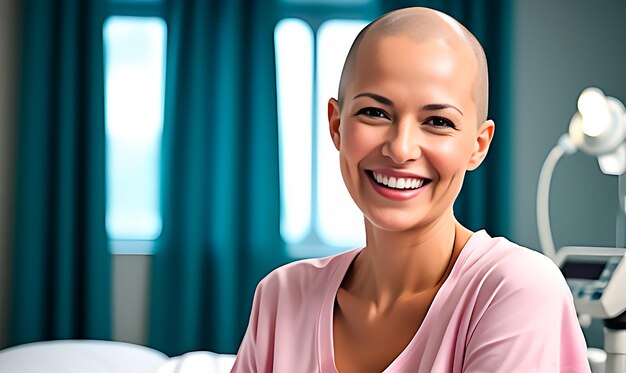 Foto ritratto di una donna felice sopravvissuta al cancro in un letto d'ospedale che si sta riprendendo dal cancro