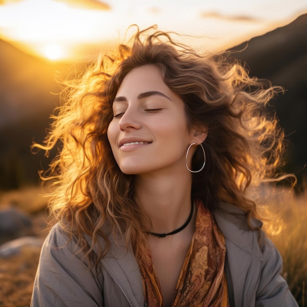 Portrait of happy woman enjoying sunset closed eyes in field