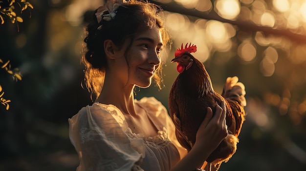 Photo portrait of a happy woman farmer holding a chicken in her hand generative ai