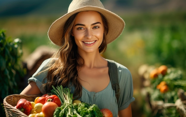Photo portrait of a happy woman farmer with a basket of organic fresh vegetables generative ai