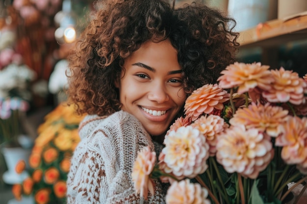 Photo portrait of happy woman in flowers outdoors ai generated