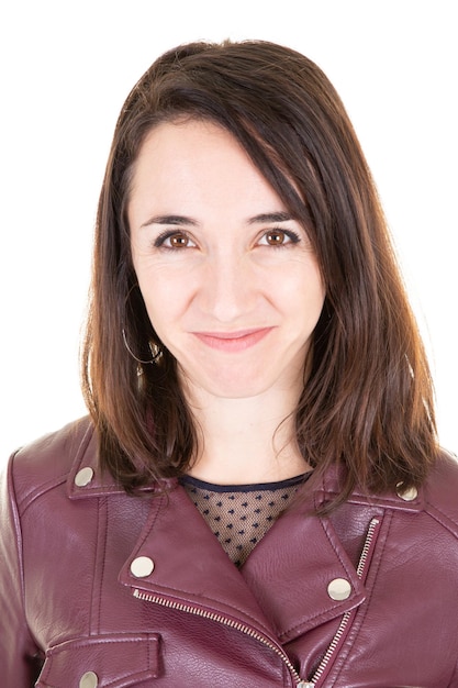 Portrait of happy woman isolated over white background in red leather jacket