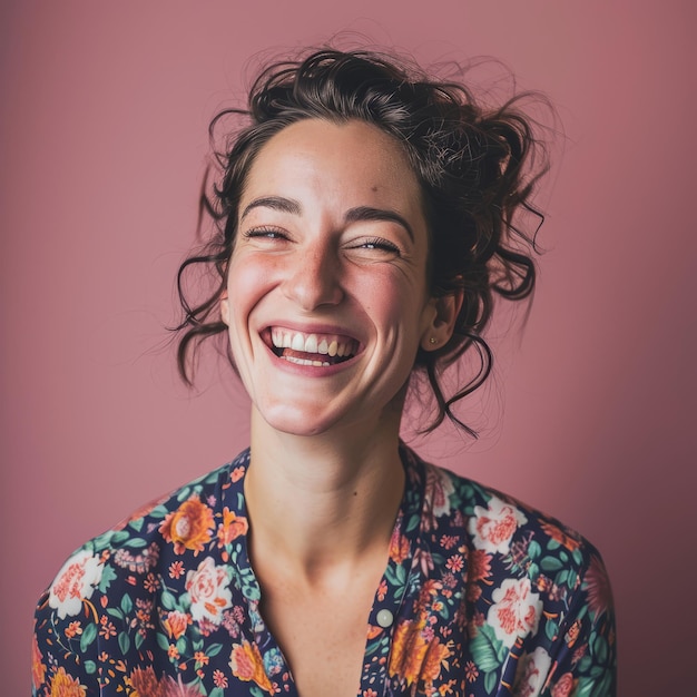 Portrait of happy woman laughing on pink background