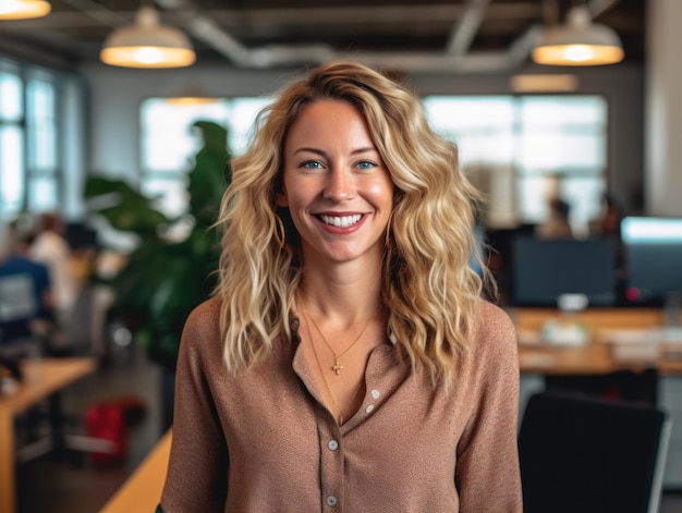 Портрет счастливой женщины, улыбающейся стоя в современном офисе