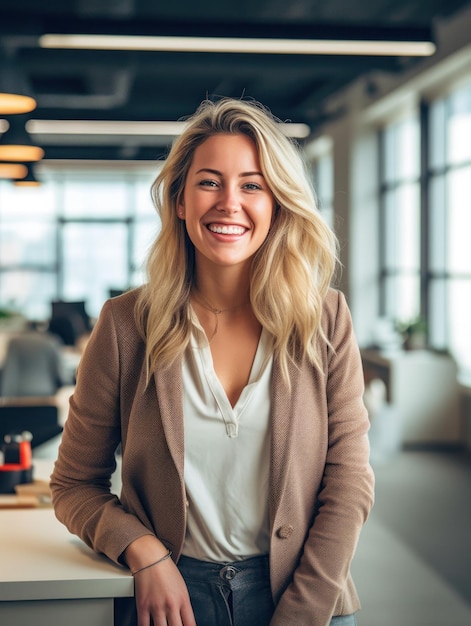 Портрет счастливой женщины, улыбающейся стоя в современном офисе