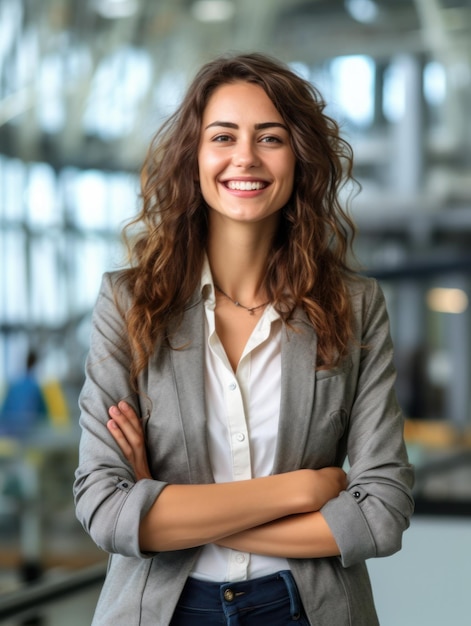 Portrait of happy woman smiling standing in modern office space