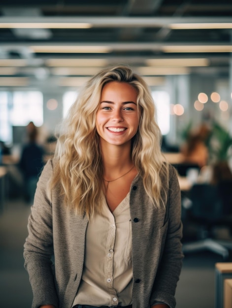 Photo portrait of happy woman smiling standing in modern office space