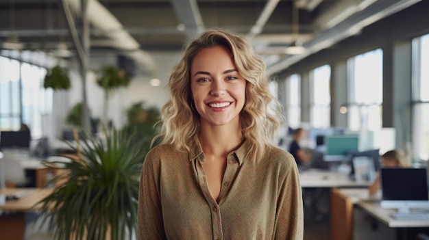Photo portrait of happy woman smiling standing in modern office space