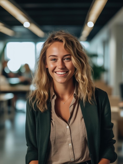 Portrait of happy woman smiling standing in modern office space