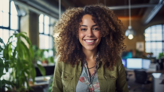 Portrait of happy woman smiling standing in modern office space