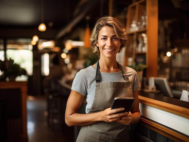 コーヒーショップの店の入り口に立っている幸せな女性の肖像画 小規模なビジネス ジェネレーティブ・アイ