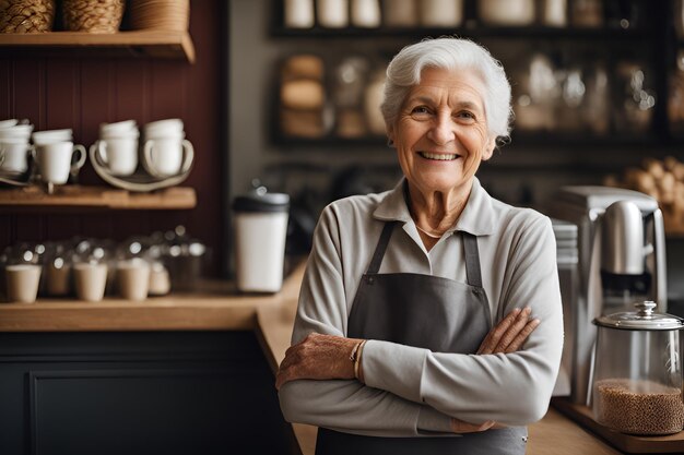 Portrait of happy woman standing at doorway of his store Cheerful mature waitress waiting for clients at coffee shop Successful small business owner in casual wearing grey apron