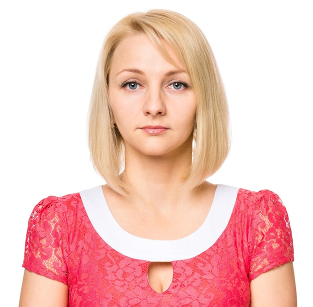 Portrait of happy woman with beautiful face isolated on white background Young cute girl showing different emotions