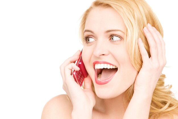 Photo portrait of happy woman with cell phone