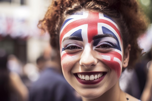 Portrait of a happy woman with her face painted in union jack great britain flag generative ai