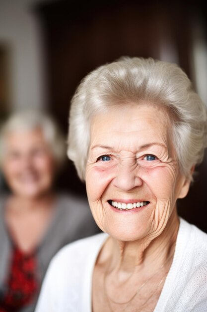 Foto ritratto di una donna felice con la madre anziana sullo sfondo