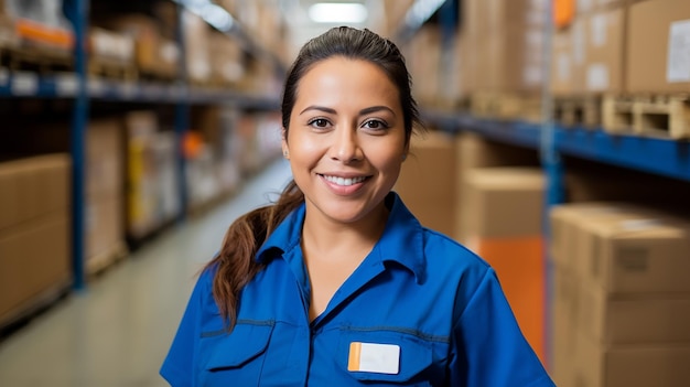 Portrait of a happy working Latin woman looking at camera inside a warehouse Generative AI