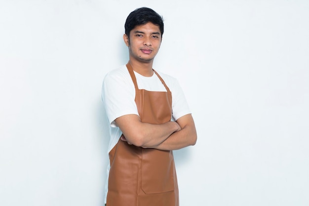 portrait happy young asian man barista waitress isolated on white background