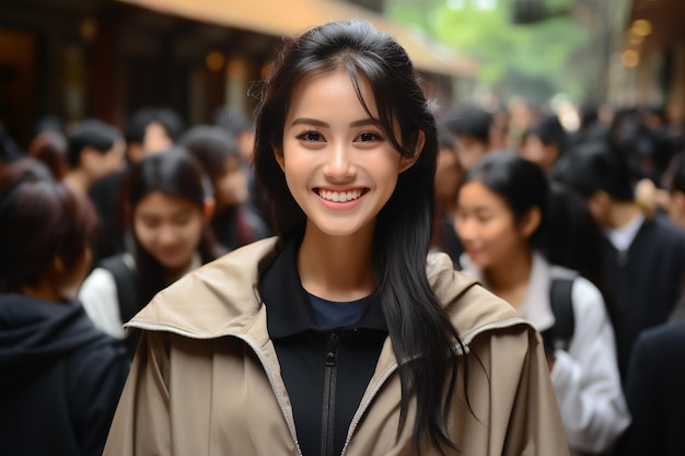 Portrait of happy young asian woman in a crowd