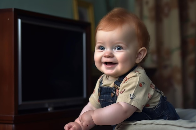 A portrait of a happy young baby boy sitting in front of the television created with generative ai