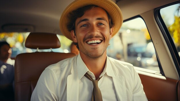 portrait of happy young bearded man in car