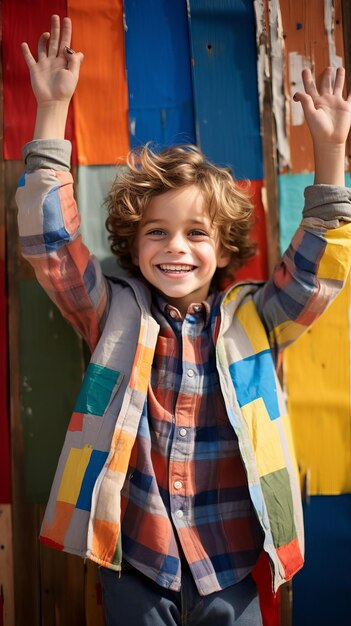 다채로운 벽 앞 에 있는 행복 한 어린 소년 의 초상화