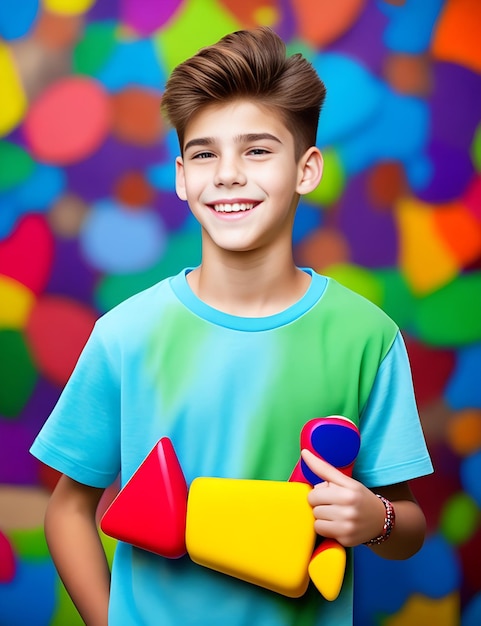 portrait of a happy young boy and girl in front of colored background