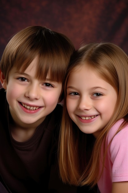 Portrait of a happy young boy and girl smiling at you