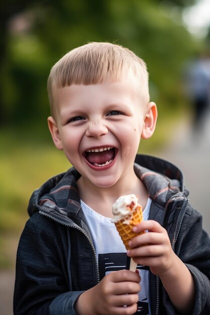 Portrait of a happy young boy lickingig an ice cream cone created with generative ai