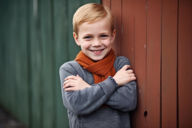 Portrait of a happy young boy standing outside with his arms crossed created with generative ai