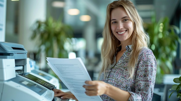 オフィスで働く幸せな若いビジネスウーマン彼女はプリンターレーザーでコピーする文書を握っています