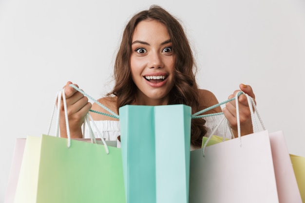 Portrait of a happy young casual brunette woman