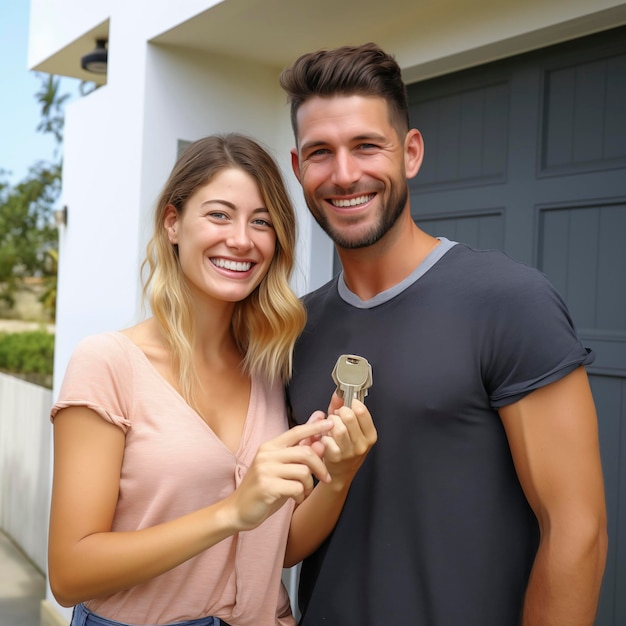 Portrait of happy young Caucasian couple renters showing house keys buy first shared home together Smiling tenants men and women move into their new home Concept of reality rent relocation