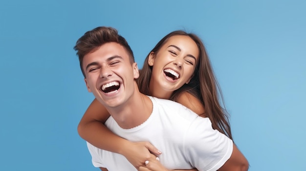 Photo portrait of a happy young couple on blue background