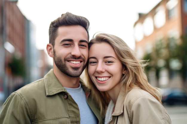 Portrait of a happy young couple in the city created with generative ai