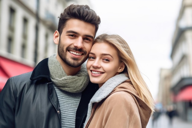 Photo portrait of a happy young couple in the city created with generative ai