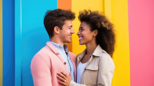 Photo portrait happy young couple embracing each other against colourful wall in studio hugging day