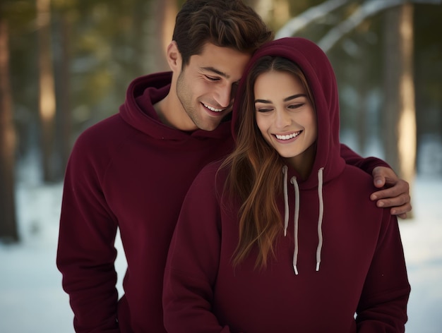 Portrait of a happy young couple embracing and looking at camera in winter forest