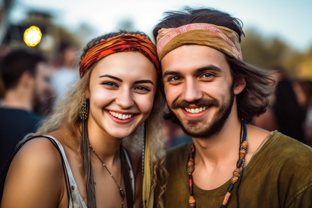 Portrait of a happy young couple enjoying the music at a concert created with generative ai