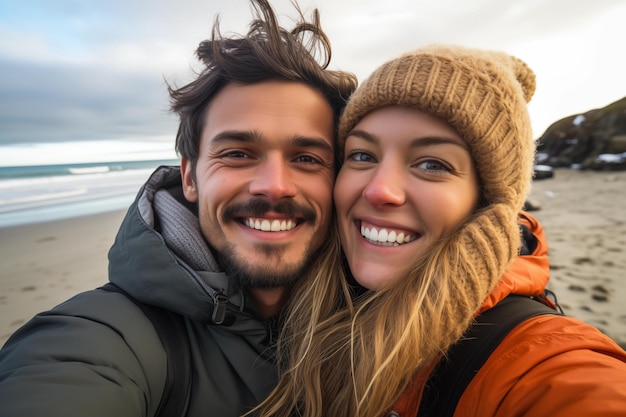 Photo portrait of happy young couple looking at camera at beach during winter