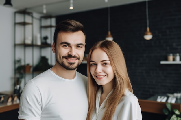 Portrait of a happy young couple standing proudly in their new business created with generative ai