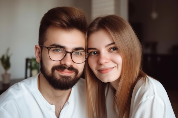 Portrait of a happy young couple on their anniversary at home created with generative ai