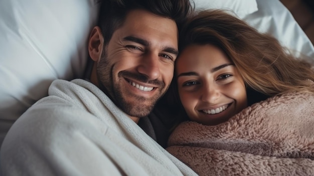 A portrait of a happy young couple who relax in a cozy bed looking at the camera smiles fun