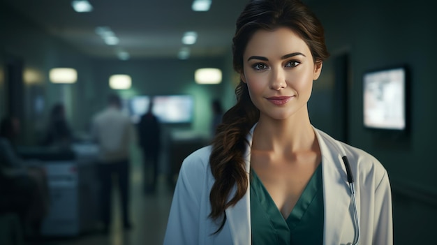 Portrait of happy young female doctor standing in hospital corridor
