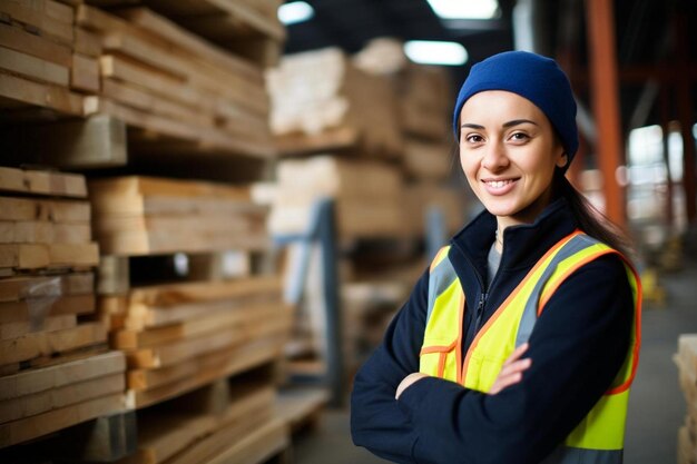 Portrait of happy young female worker by planks at lumber industry