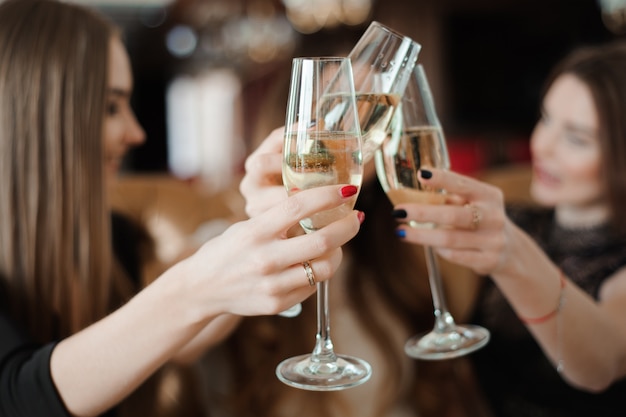 Portrait of happy young friends touching the glasses