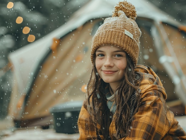 Портрет счастливой молодой девушки в зимней обстановке