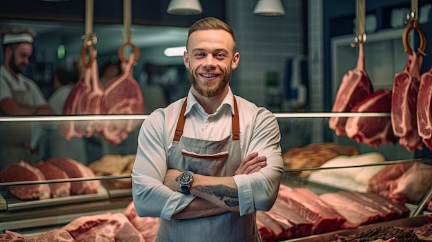 Portrait of A happy young male butcher standing with arms crossed in modern meat shop Generative Ai