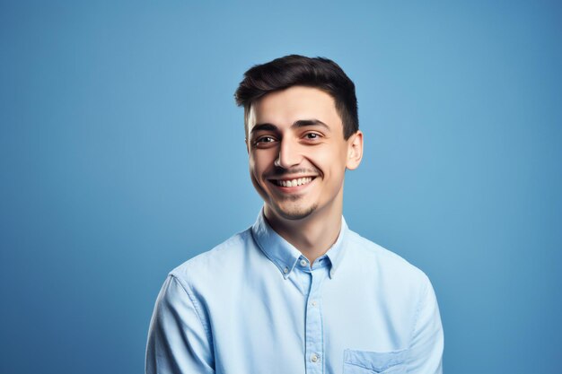 Portrait of a happy young man in blue shirt on blue background